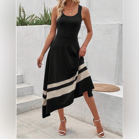 Two Tone Color Cross Back A-Line Dress Black - Picture 4 of 7